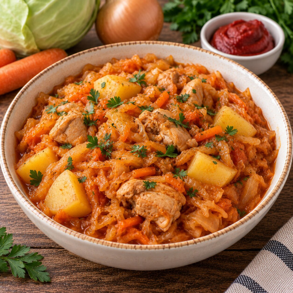 Солянка из капусты с картошкой и курицей