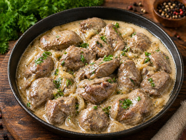 Печень куриная тушеная в сметане