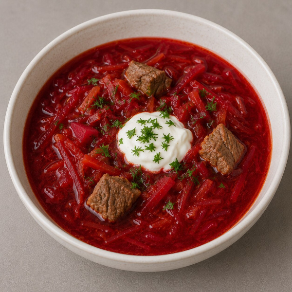 Борщ с мясом и сметаной