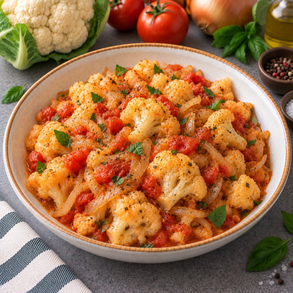 Цветная капуста тушенная с луком и помидорами