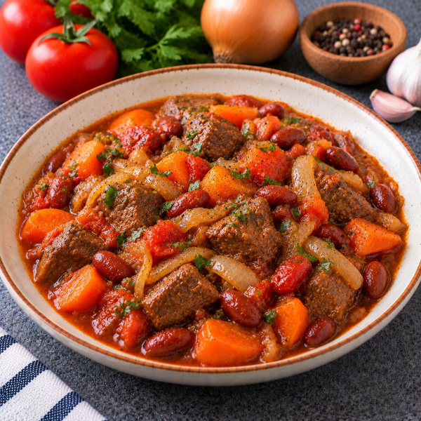 Говядина тушеная с луком, морковью, фасолью, томатами