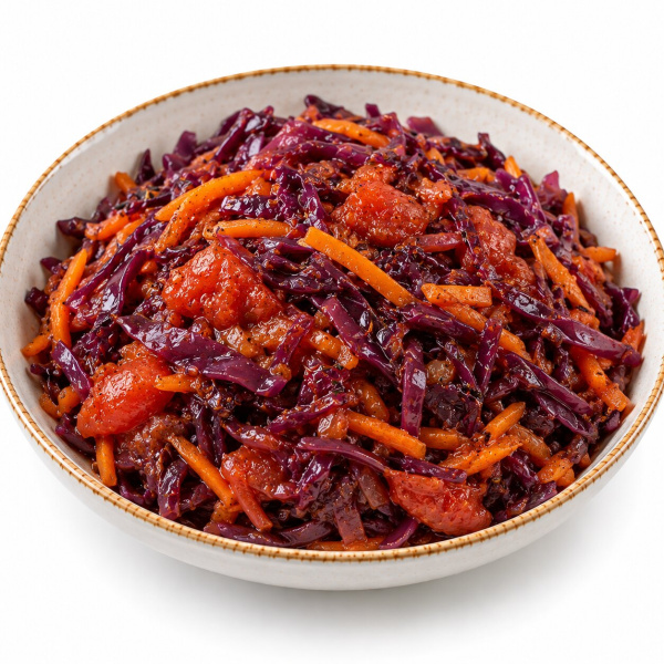 Красная капуста тушеная с морковью и помидорами