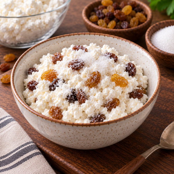 Творог с изюмом и сахаром