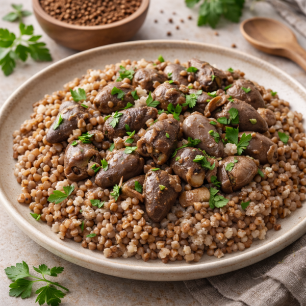 Гречка с куриными сердечками