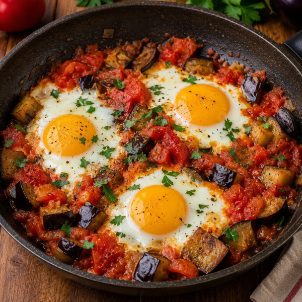 Яичница с помидорами и баклажанами