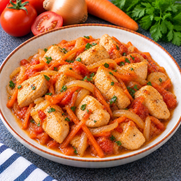 Куриная грудка тушёная с луком, морковью и помидором