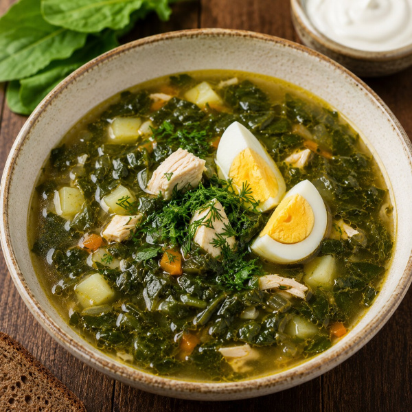 Щавелевый суп с курицей и яйцом