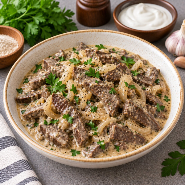 Говяжье сердце тушеное в сметане