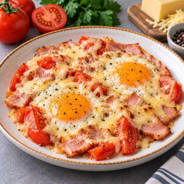 Яичница с ветчиной, помидором и сыром