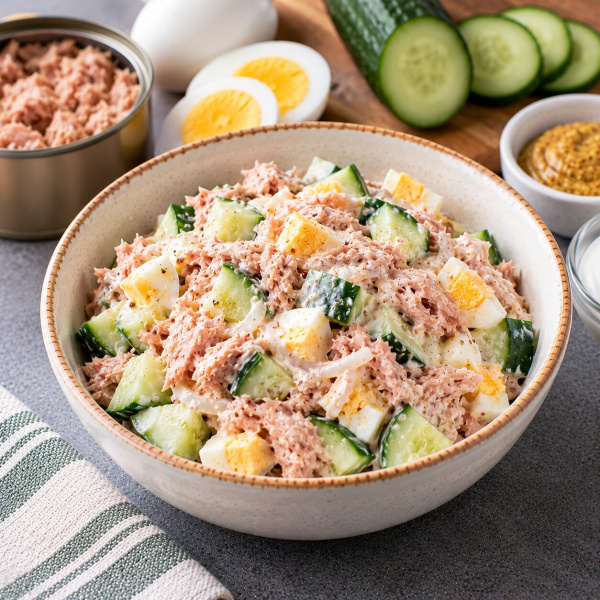 Салат с тунцом, яйцом и огурцом