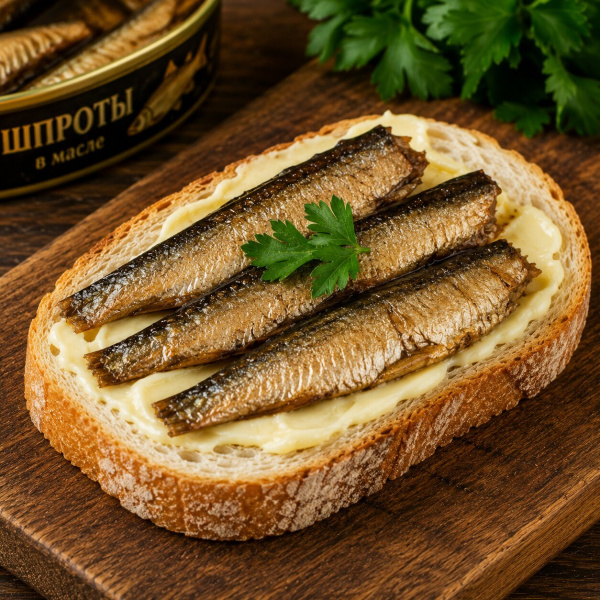 Бутерброд с маслом и шпротами