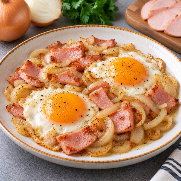Яичница с луком и ветчиной