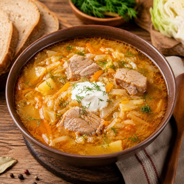Щи со свининой и свежей капустой
