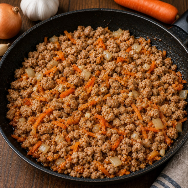 Фарш свиной с овощами жареный