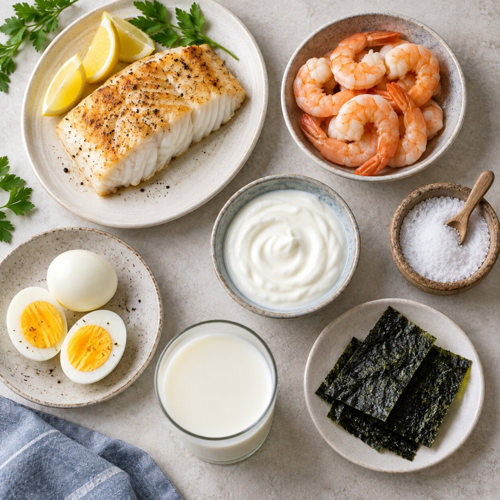 Рыба, креветки, яйца, йогурт, молоко, соль и нори как источники йода