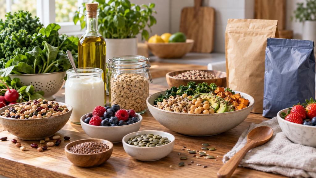 Разнообразные продукты с клетчаткой и домашняя тарелка рядом с небольшим количеством упакованных продуктов