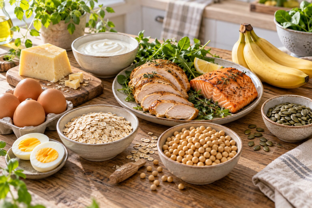 Продукты, содержащие триптофан: птица, рыба, яйца, сыр, йогурт, овсянка, соя и семена