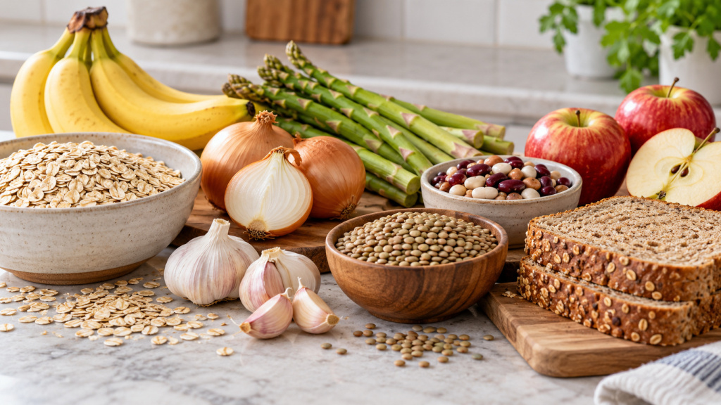 На кухонной поверхности разложены овсяные хлопья, бананы, лук, чеснок, спаржа, чечевица, яблоки и цельнозерновой хлеб