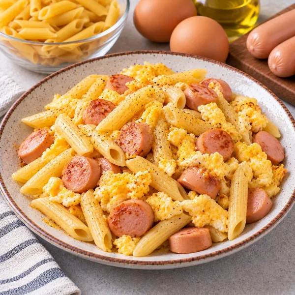 Макароны с яйцом и сосиской