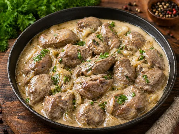 Печень куриная тушеная в сметане