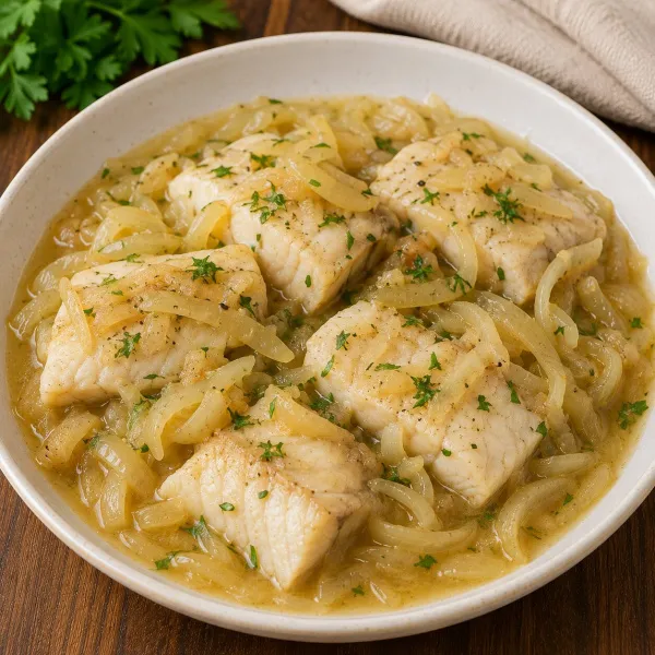 Треска тушеная с луком