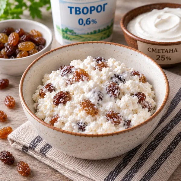 Творог 1% с изюмом и сметаной