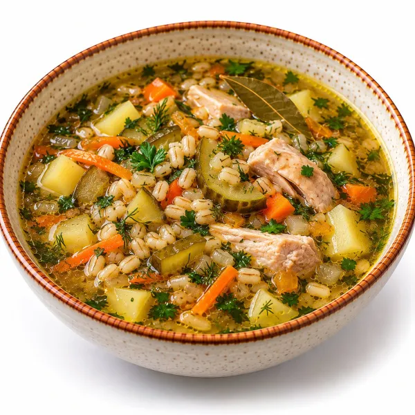 Рассольник с курицей и перловкой