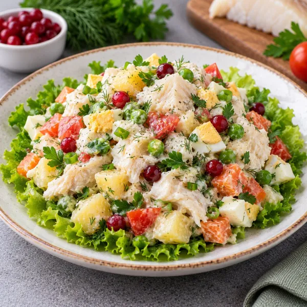 Салат с рыбой, овощами и зеленью