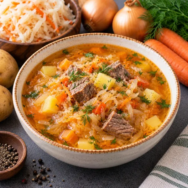 Щи из квашеной капусты на мясном бульоне