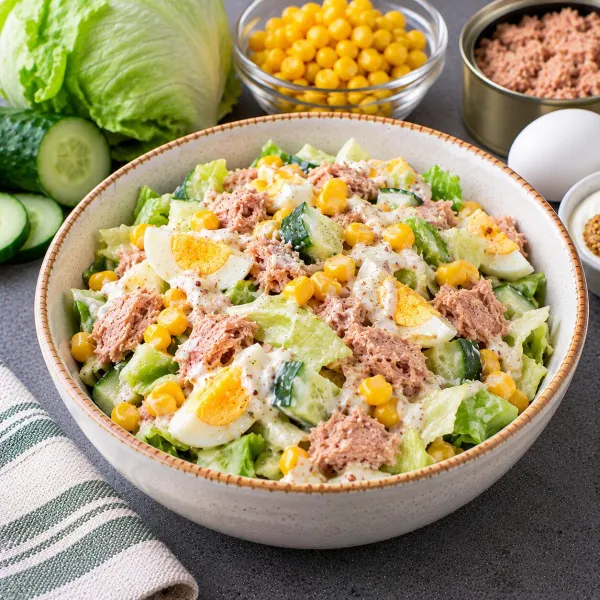 Салат с тунцом, кукурузой, огурцом и яйцами