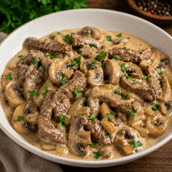 Бефстроганов из говядины с грибами