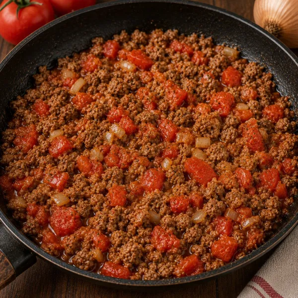 Говяжий фарш жареный с помидорами