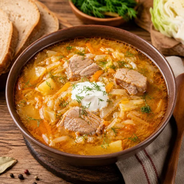 Щи со свининой и свежей капустой