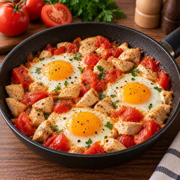 Яичница с помидорами и куриной грудкой